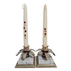 Set of Two Vintage Marble & Brass Lily Candlestick Holders Ornate